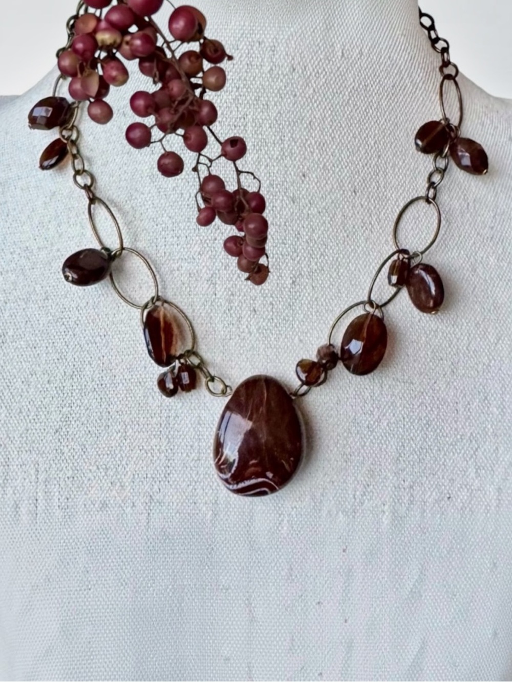 Artisan Brass Chain Clear Plum Faceted Beads Marbled Teardrop Pendant Necklace